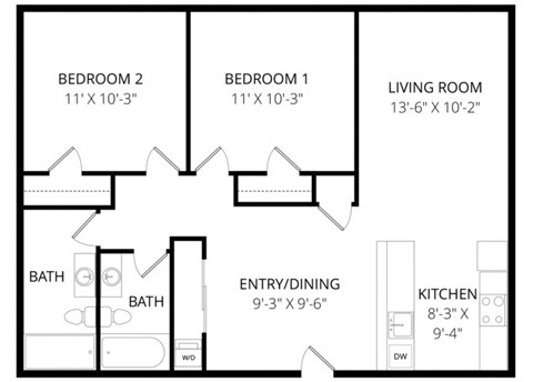 Floor plan for 2 beds, 2 baths, 980 sqft