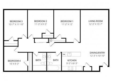 Floor plan for 4 beds, 2 baths, 1450 sqft