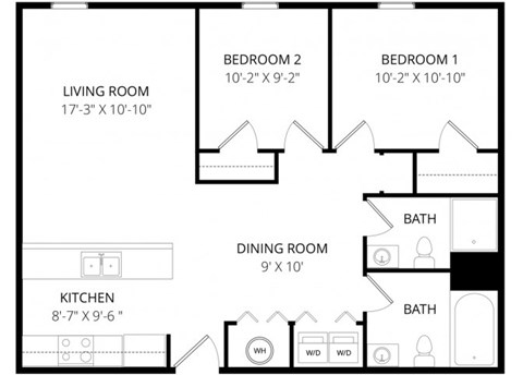 Floor plan for 2 beds, 2 baths, 980 sqft