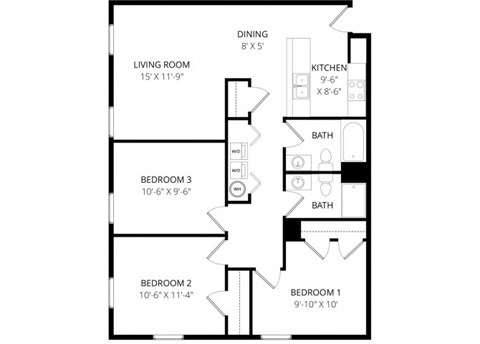 Floor plan for 3 beds, 2 baths, 1175 sqft