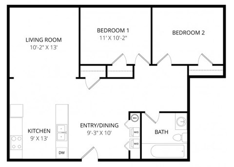 Floor plan for 2 beds, 1 bath, 889 sqft