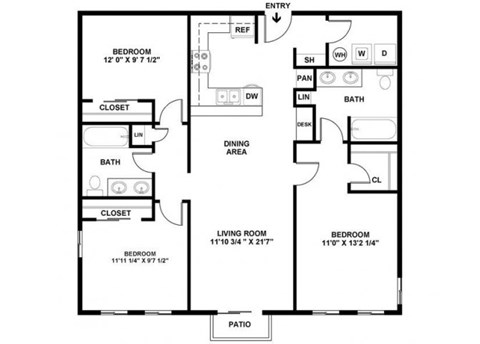 Floor plan for 3 beds, 2 baths, 1202 sqft