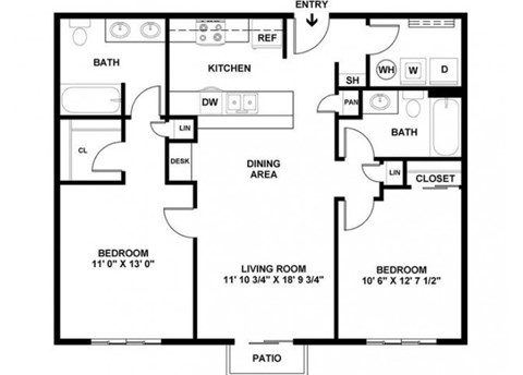 Floor plan for 2 beds, 2 baths, 931 sqft