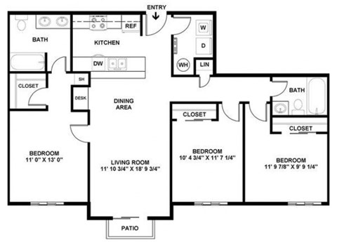 Floor plan for 3 beds, 2 baths, 1109 sqft