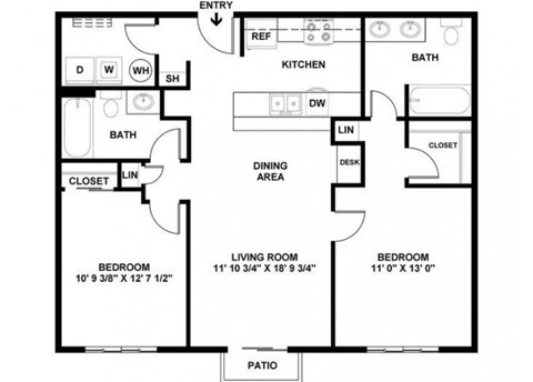 Floor plan for 2 beds, 2 baths, 939 sqft