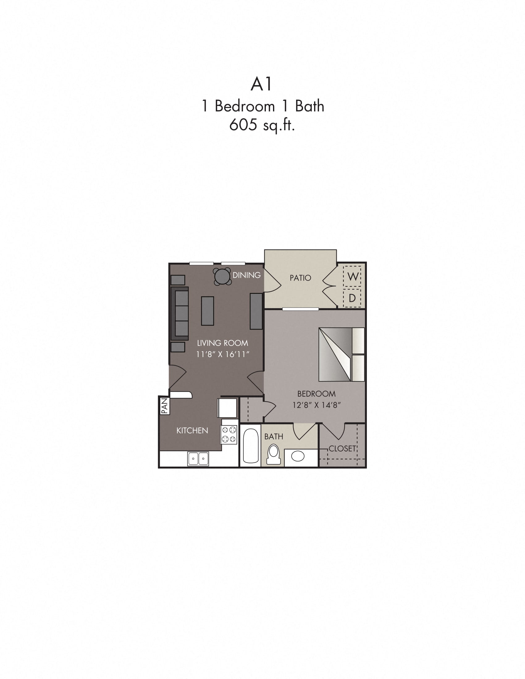 Floor plan for 1 bed, 1 bath, 605 sqft