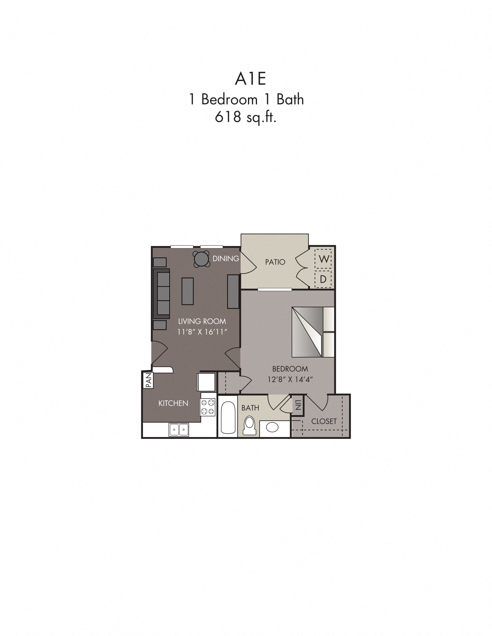 Floor plan for 1 bed, 1 bath, 618 sqft