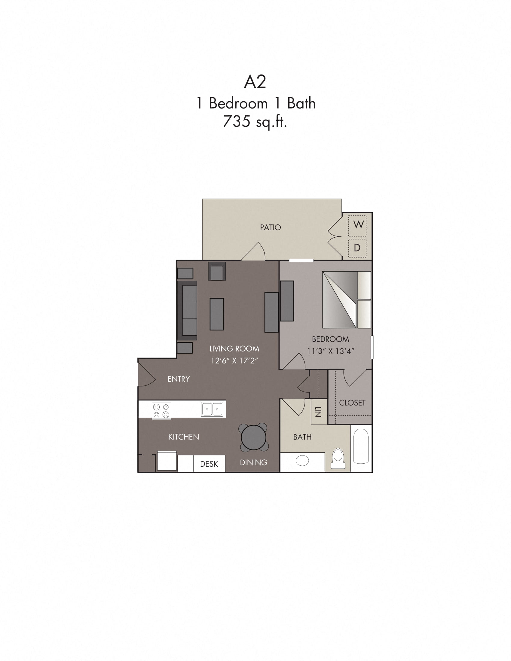 Floor plan for 1 bed, 1 bath, 735 sqft
