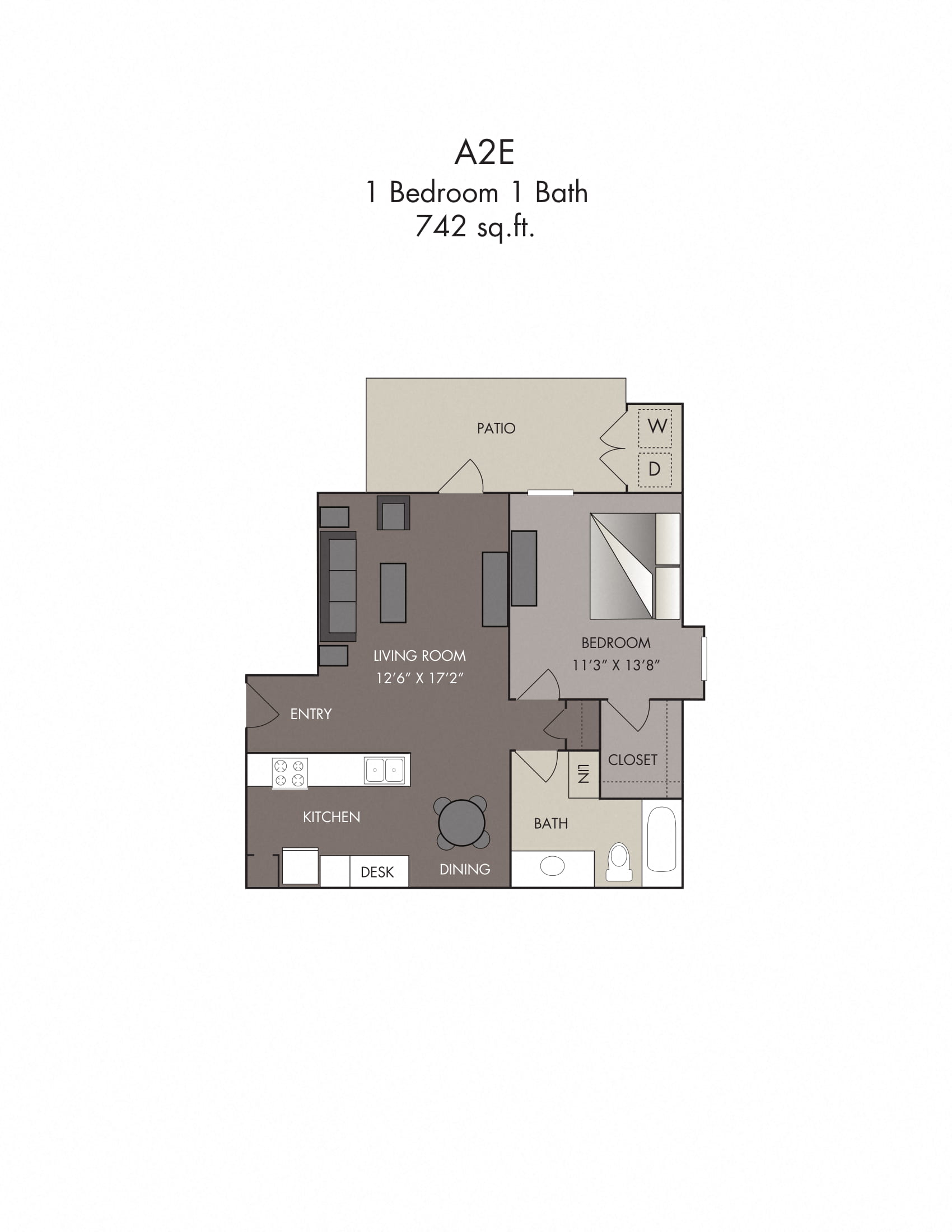 Floor plan for 1 bed, 1 bath, 742 sqft