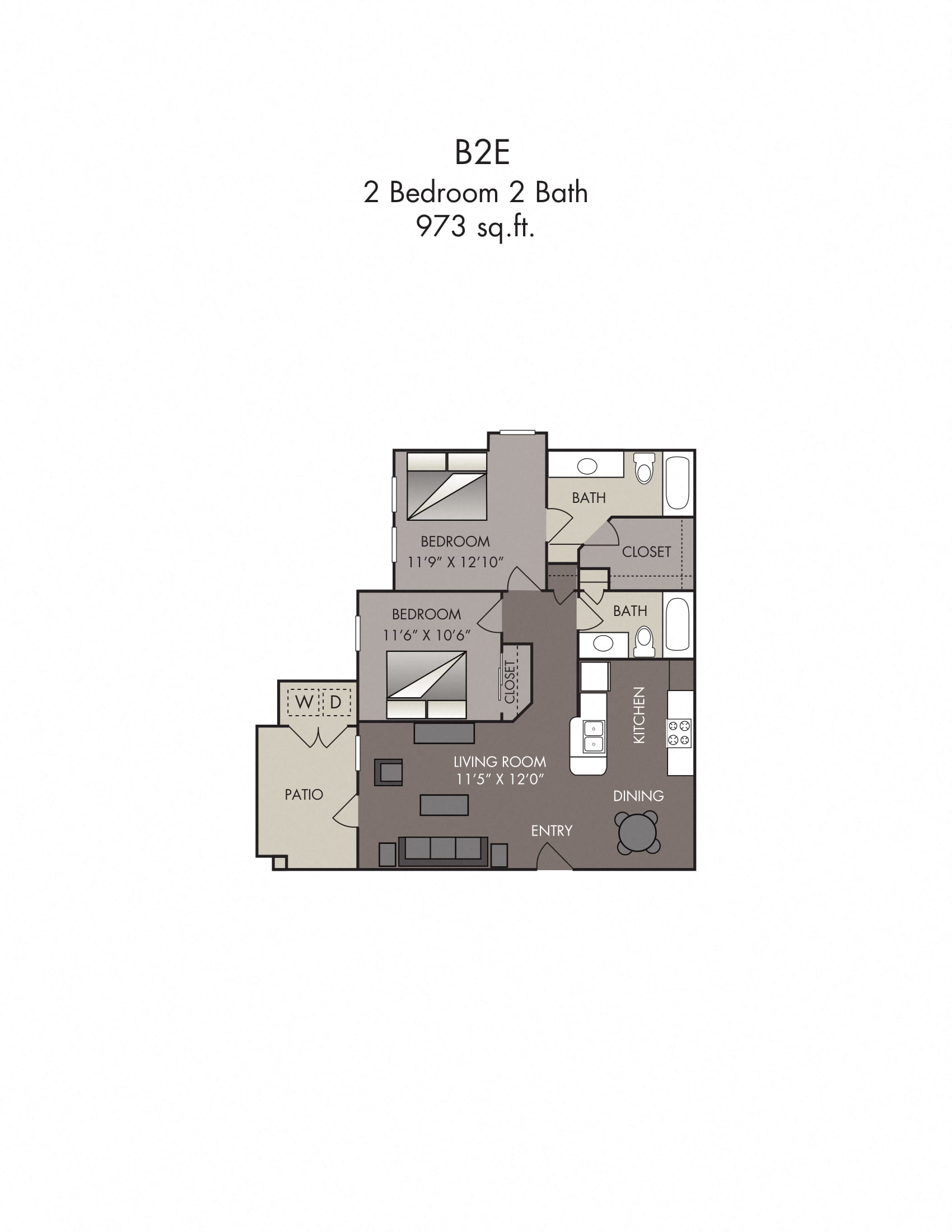 Floor plan for 2 beds, 2 baths, 973 sqft