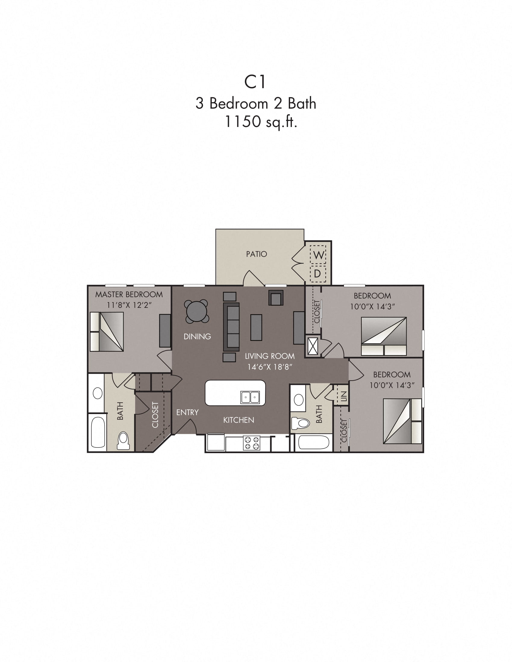 Floor plan for 3 beds, 2 baths, 1150 sqft