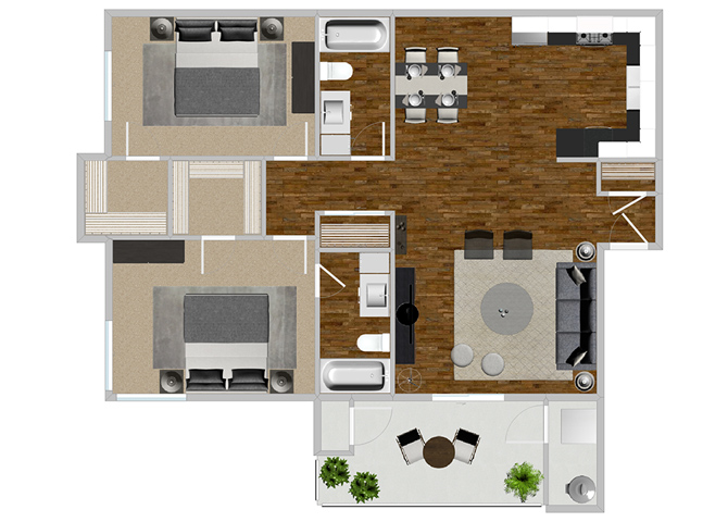 Floor plan for 2 beds, 2 baths, 1052 sqft