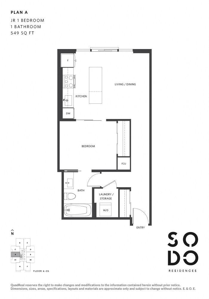 Floor plan for 1 bed, 1 bath, 549 sqft