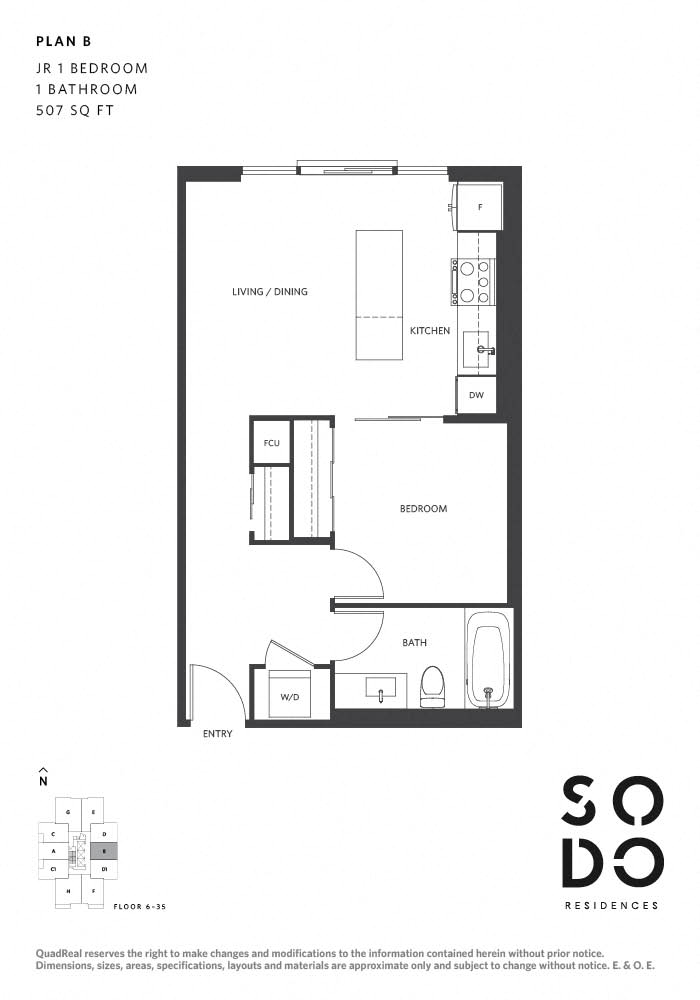 Floor plan for 1 bed, 1 bath, 507 sqft