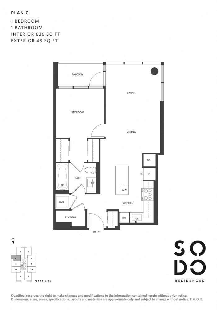 Floor plan for 1 bed, 1 bath, 636 sqft