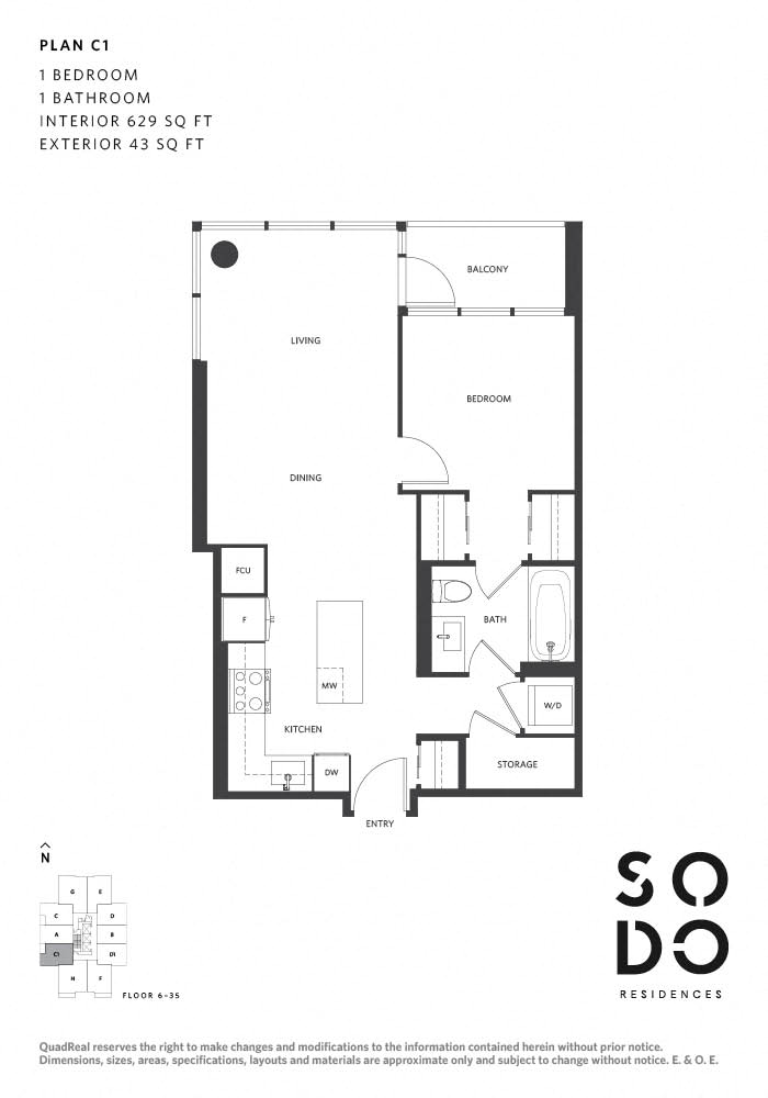 Floor plan for 1 bed, 1 bath, 629 sqft