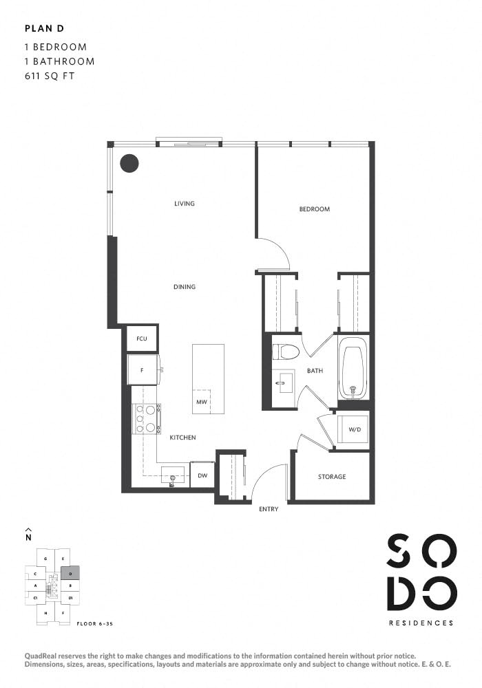 Floor plan for 1 bed, 1 bath, 611 sqft