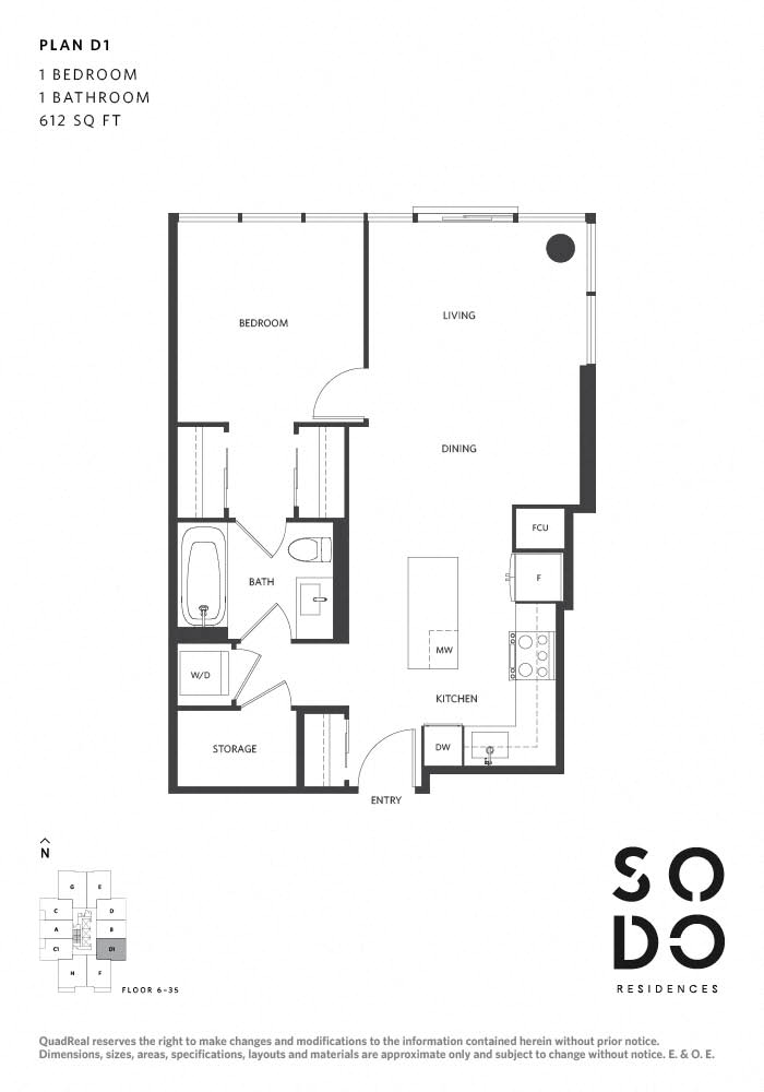 Floor plan for 1 bed, 1 bath, 612 sqft
