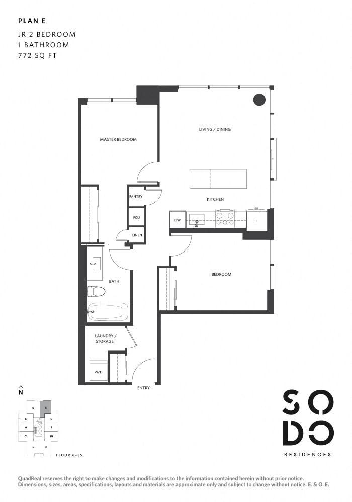 Floor plan for 2 beds, 1 bath, 772 sqft