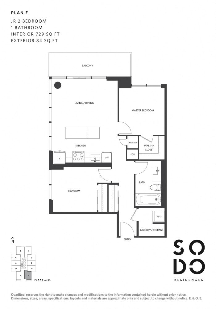 Floor plan for 2 beds, 1 bath, 729 sqft