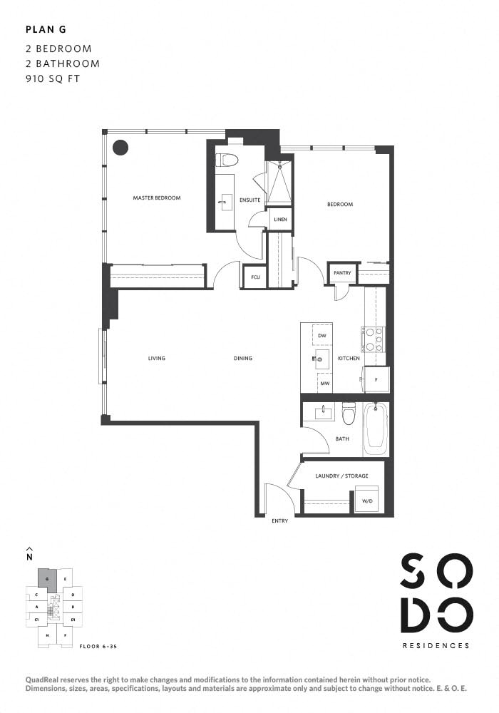 Floor plan for 2 beds, 2 baths, 910 sqft