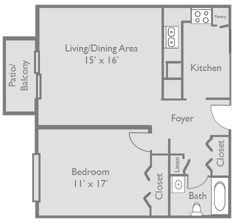 Floor plan for 1 bed, 1 bath, 750 sqft