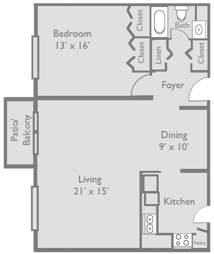 Floor plan for 1 bed, 1 bath, 850 sqft