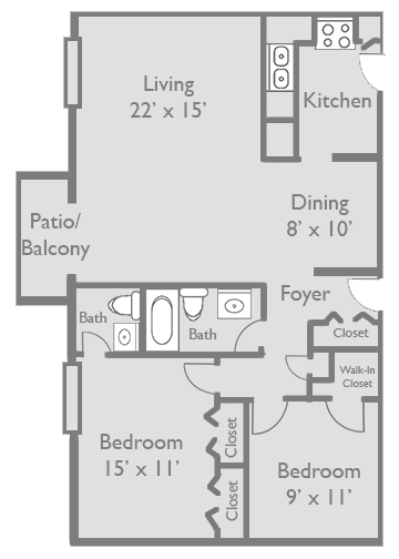 Floor plan for 2 beds, 1.5 baths, 1100 sqft