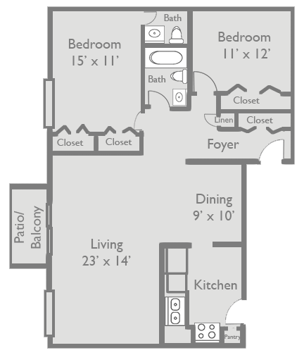 Floor plan for 2 beds, 1.5 baths, 1150 sqft