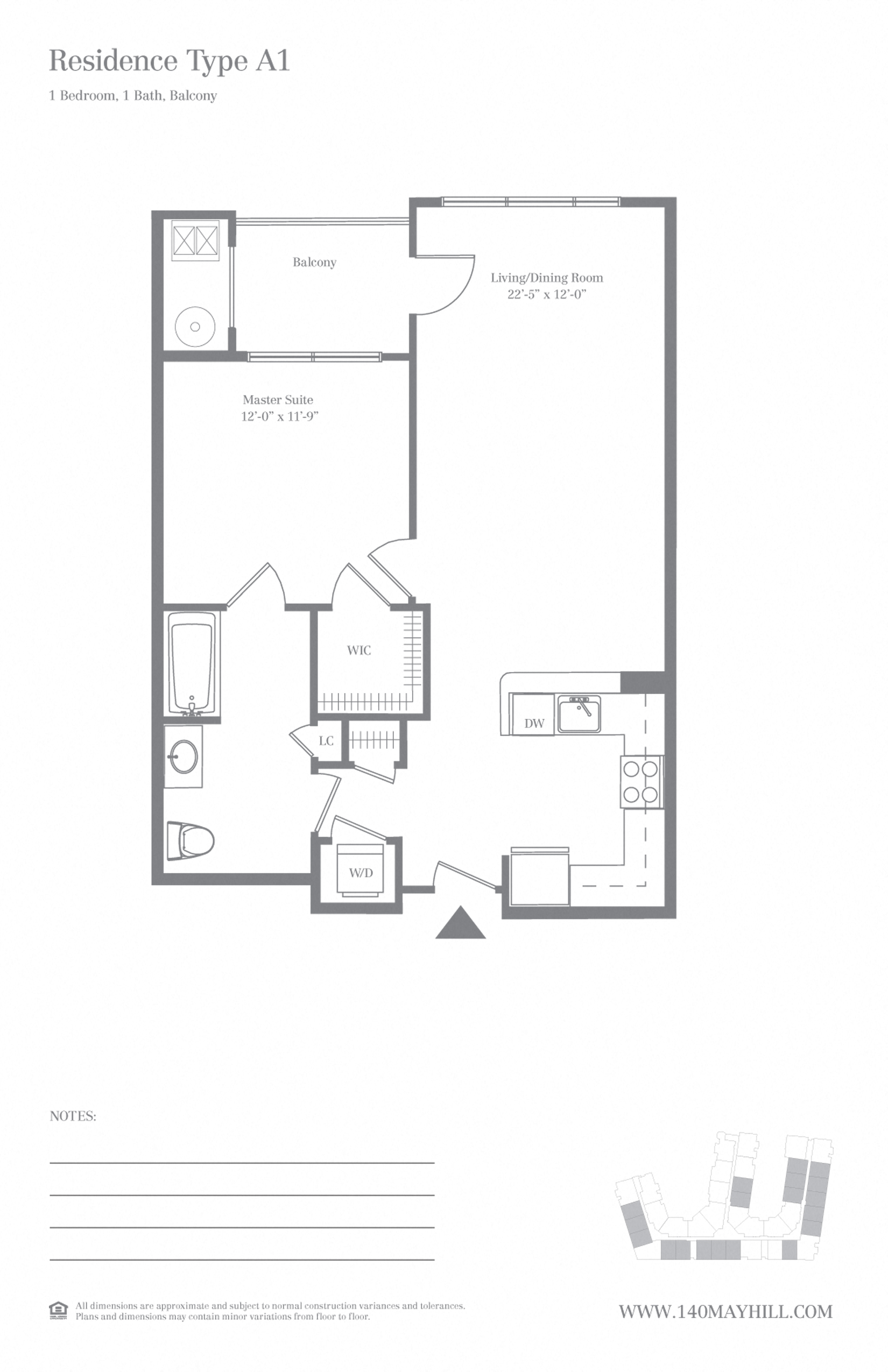 Floor plan for 1 bed, 1 bath, 765 sqft