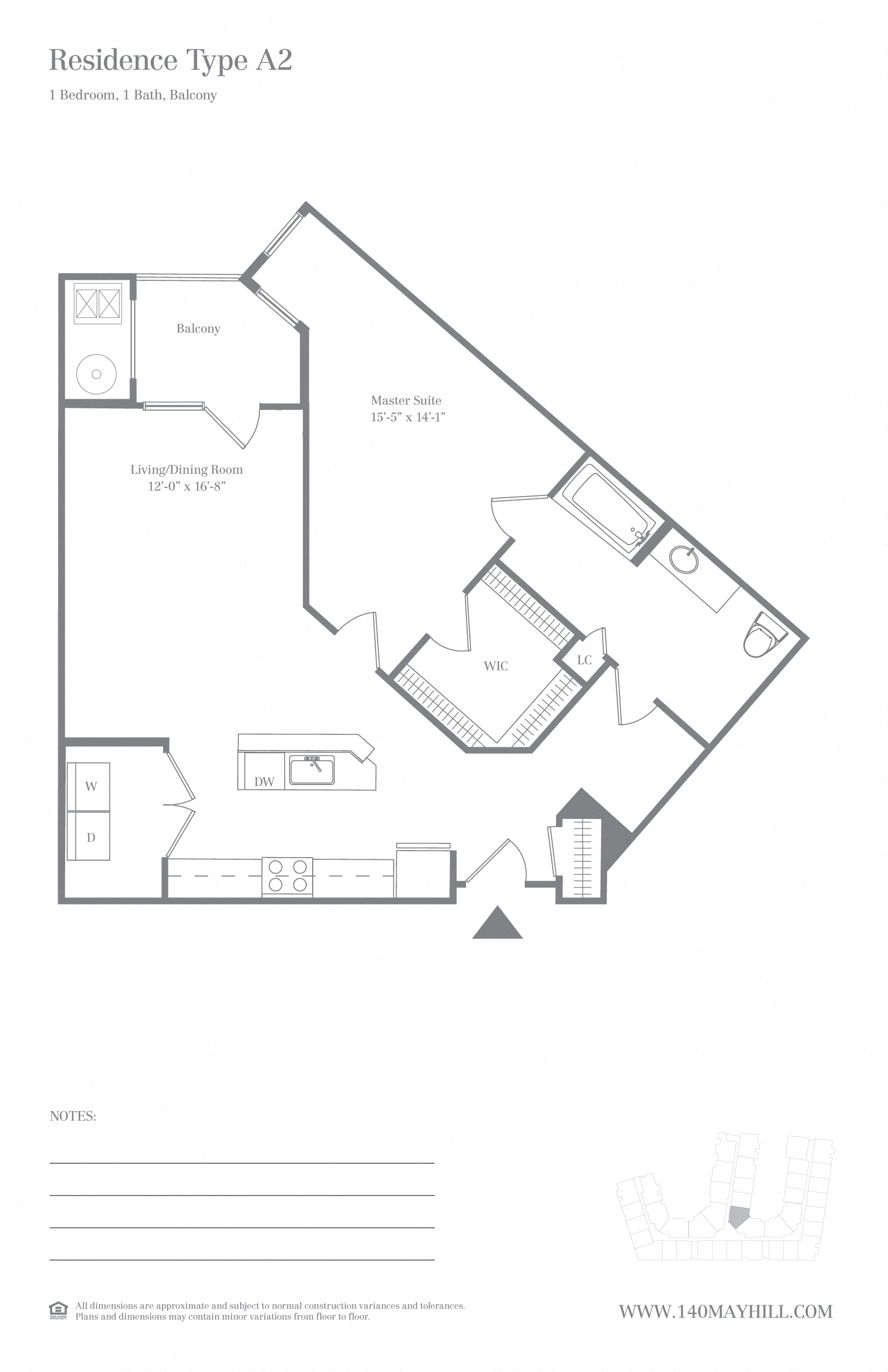 Floor plan for 1 bed, 1 bath, 895 sqft