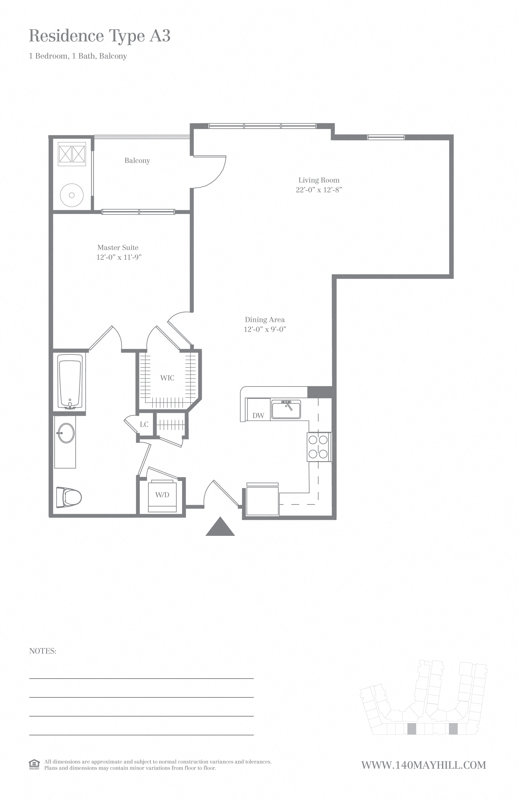 Floor plan for 1 bed, 1 bath, 889 sqft