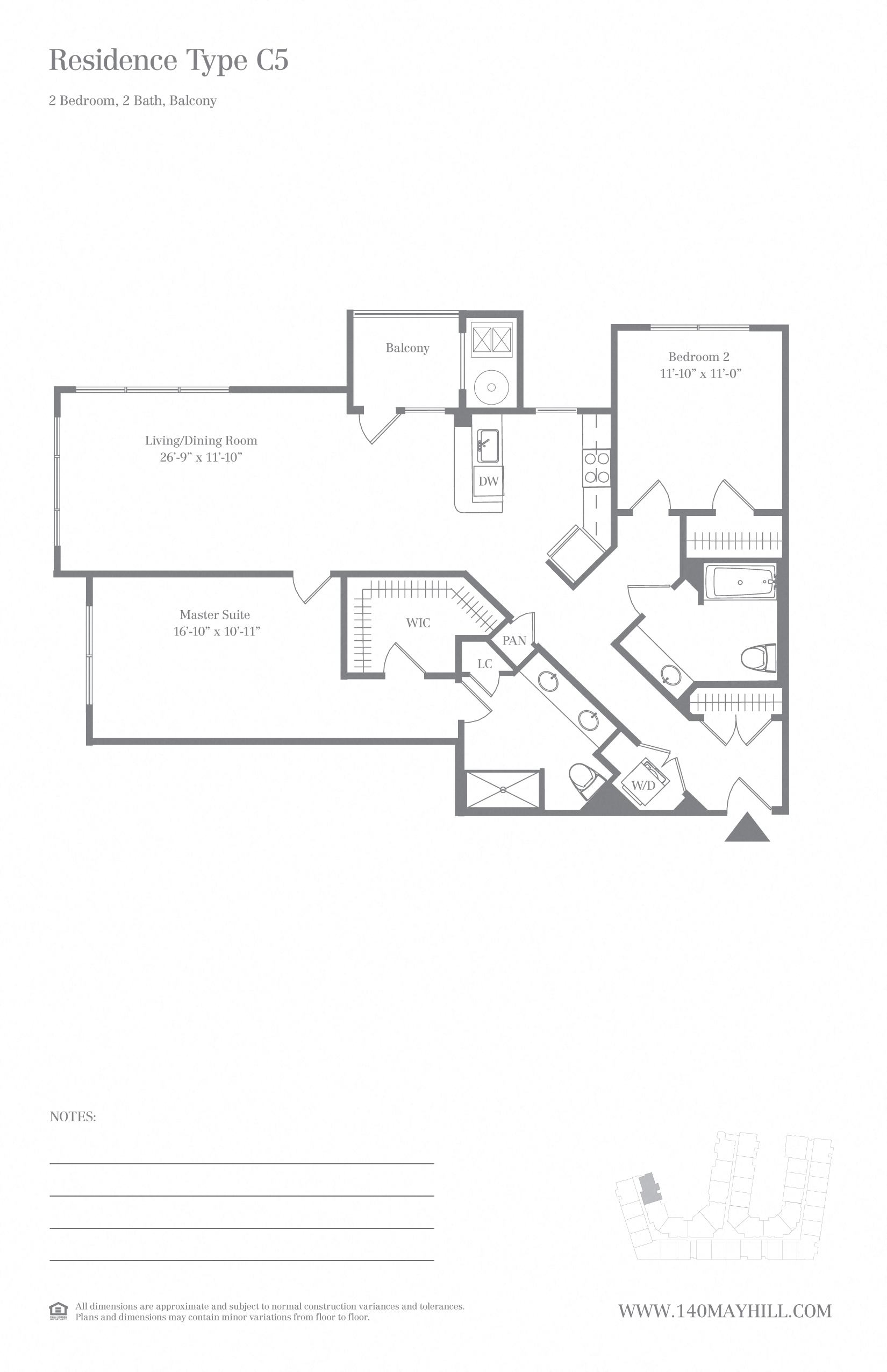 Floor plan for 2 beds, 2 baths, 1286 sqft