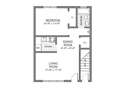Floor plan for 1 bed, 1 bath, 570 sqft