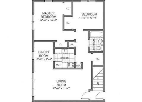 Floor plan for 2 beds, 1 bath, 780 sqft