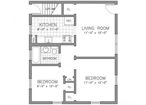Floor plan for 2 beds, 1 bath, 500 sqft