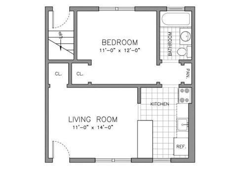 Floor plan for 1 bed, 1 bath, 400 sqft