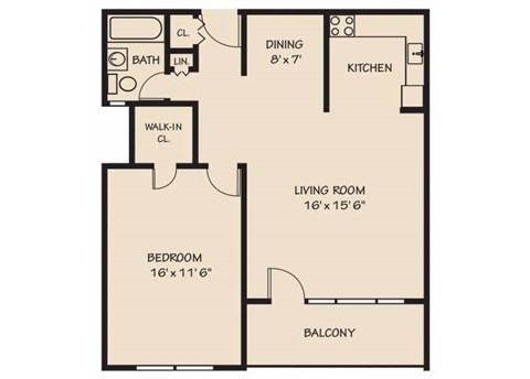 Floor plan for 1 bed, 1 bath, 657 sqft