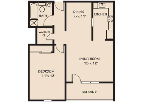 Floor plan for 1 bed, 1 bath, 648 sqft