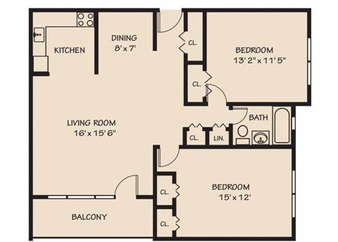 Floor plan for 2 beds, 1 bath, 863 sqft