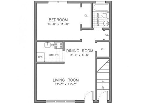 Floor plan for 1 bed, 1 bath, 664 sqft