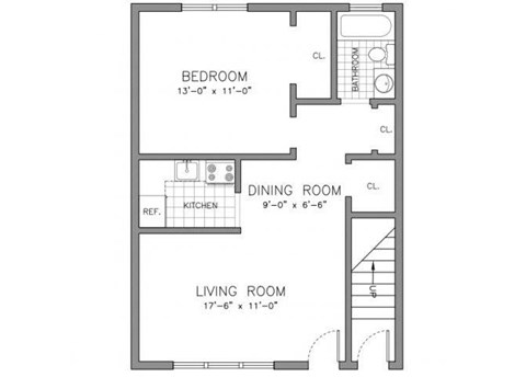 Floor plan for 1 bed, 1 bath, 570 sqft