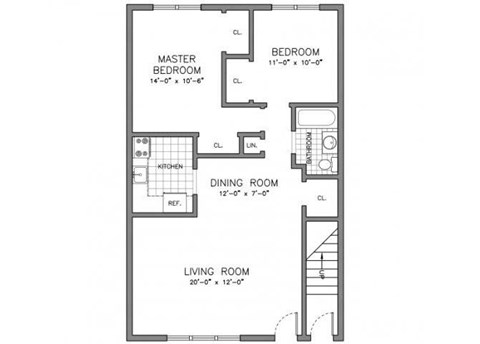 Floor plan for 2 beds, 1 bath, 780 sqft