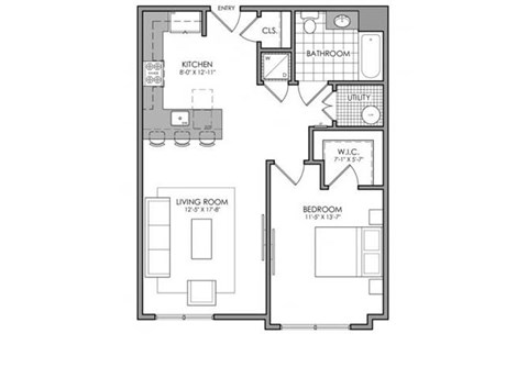 Floor plan for 1 bed, 1 bath, 748 sqft