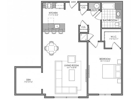 Floor plan for 1 bed, 1 bath, 1057 sqft