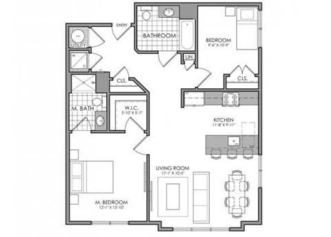 Floor plan for 2 beds, 2 baths, 979 sqft