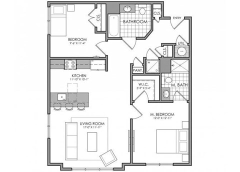 Floor plan for 2 beds, 2 baths, 989 sqft