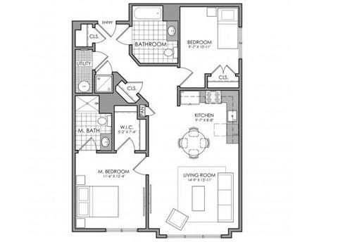 Floor plan for 2 beds, 2 baths, 950 sqft