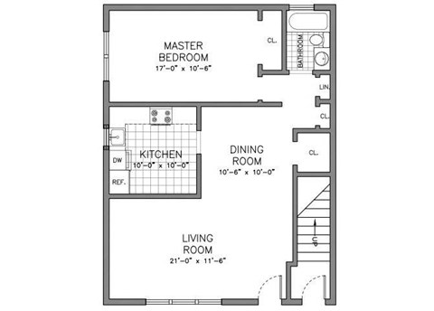 Floor plan for 1 bed, 1 bath, 650 sqft