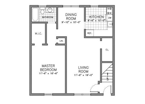 Floor plan for 1 bed, 1 bath, 650 sqft